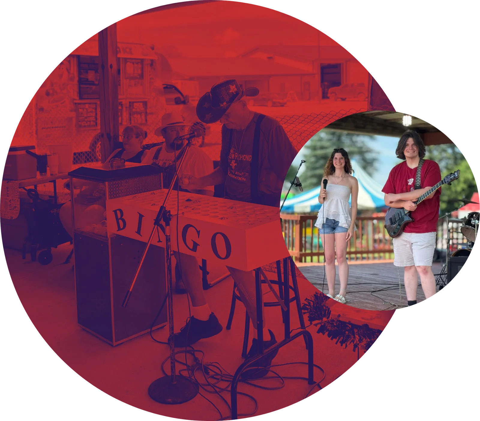 Festival bingo caller and live music on stage